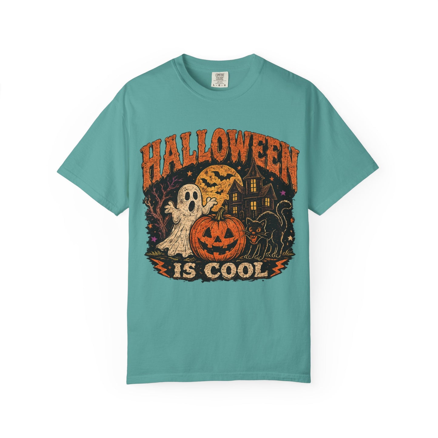 Halloween Is Cool T-Shirt — Vintage Pumpkin, Ghost & Black Cat Halloween Tee