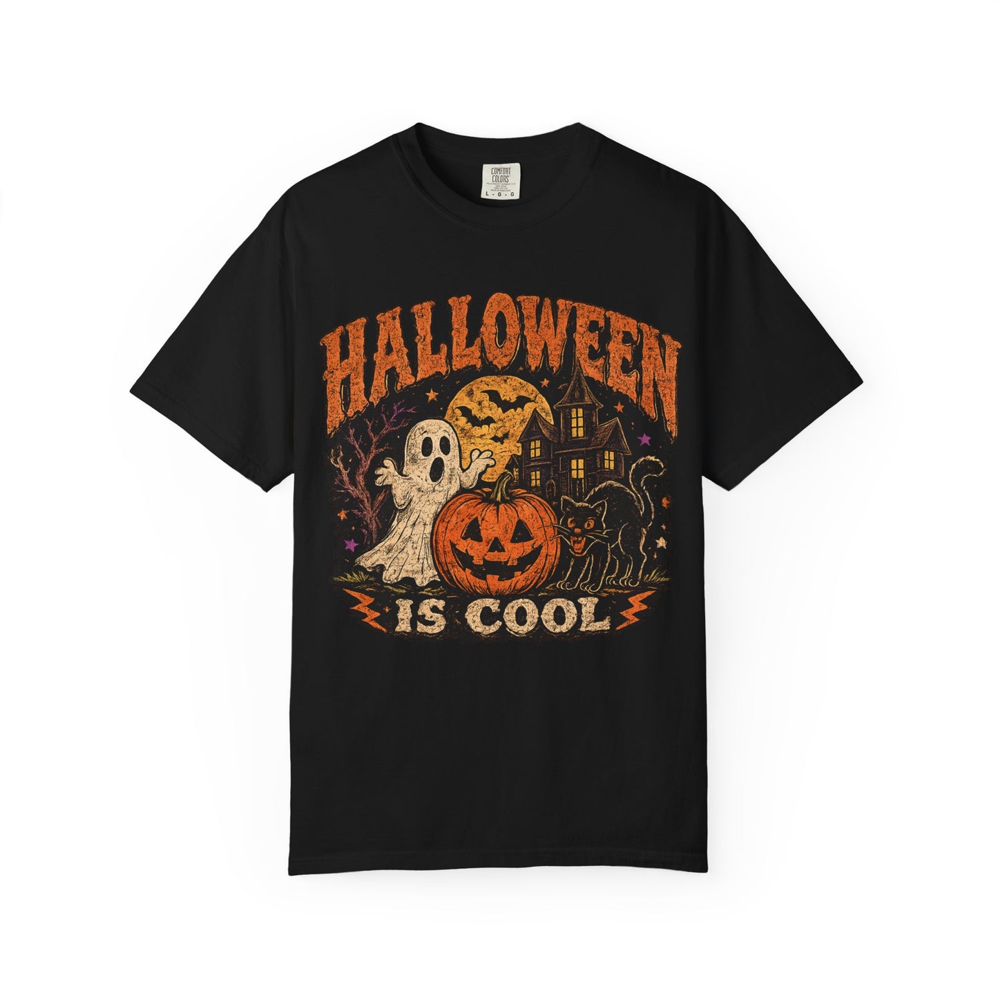 Halloween Is Cool T-Shirt — Vintage Pumpkin, Ghost & Black Cat Halloween Tee