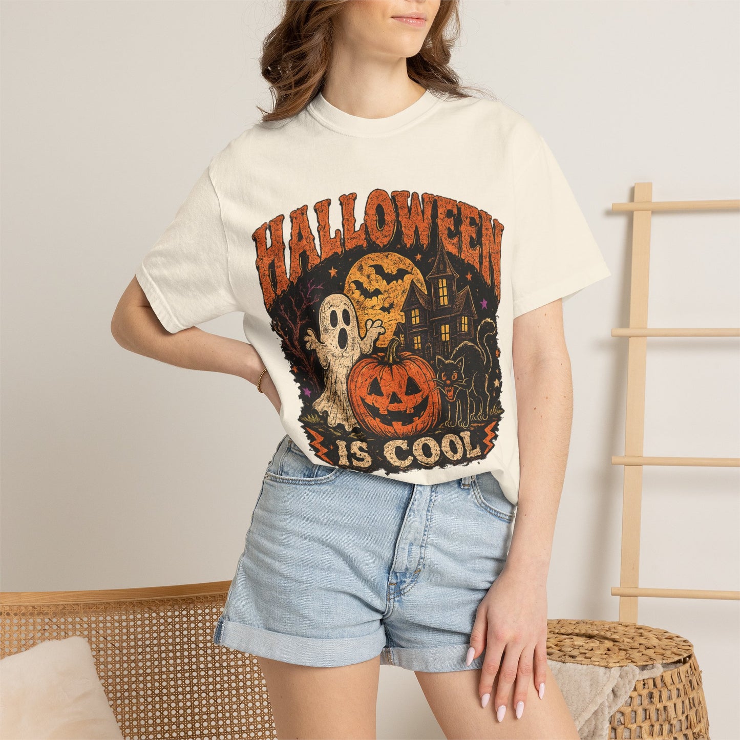 Halloween Is Cool T-Shirt — Vintage Pumpkin, Ghost & Black Cat Halloween Tee