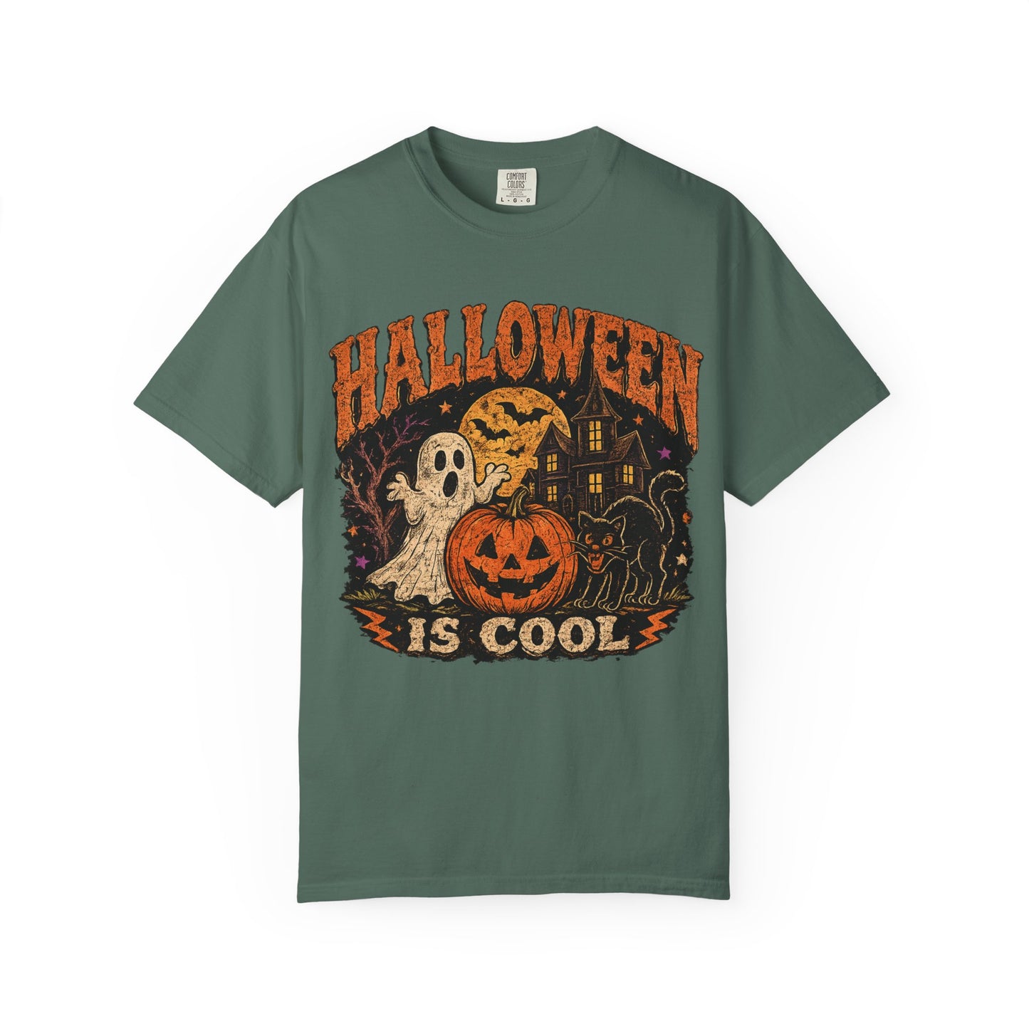 Halloween Is Cool T-Shirt — Vintage Pumpkin, Ghost & Black Cat Halloween Tee