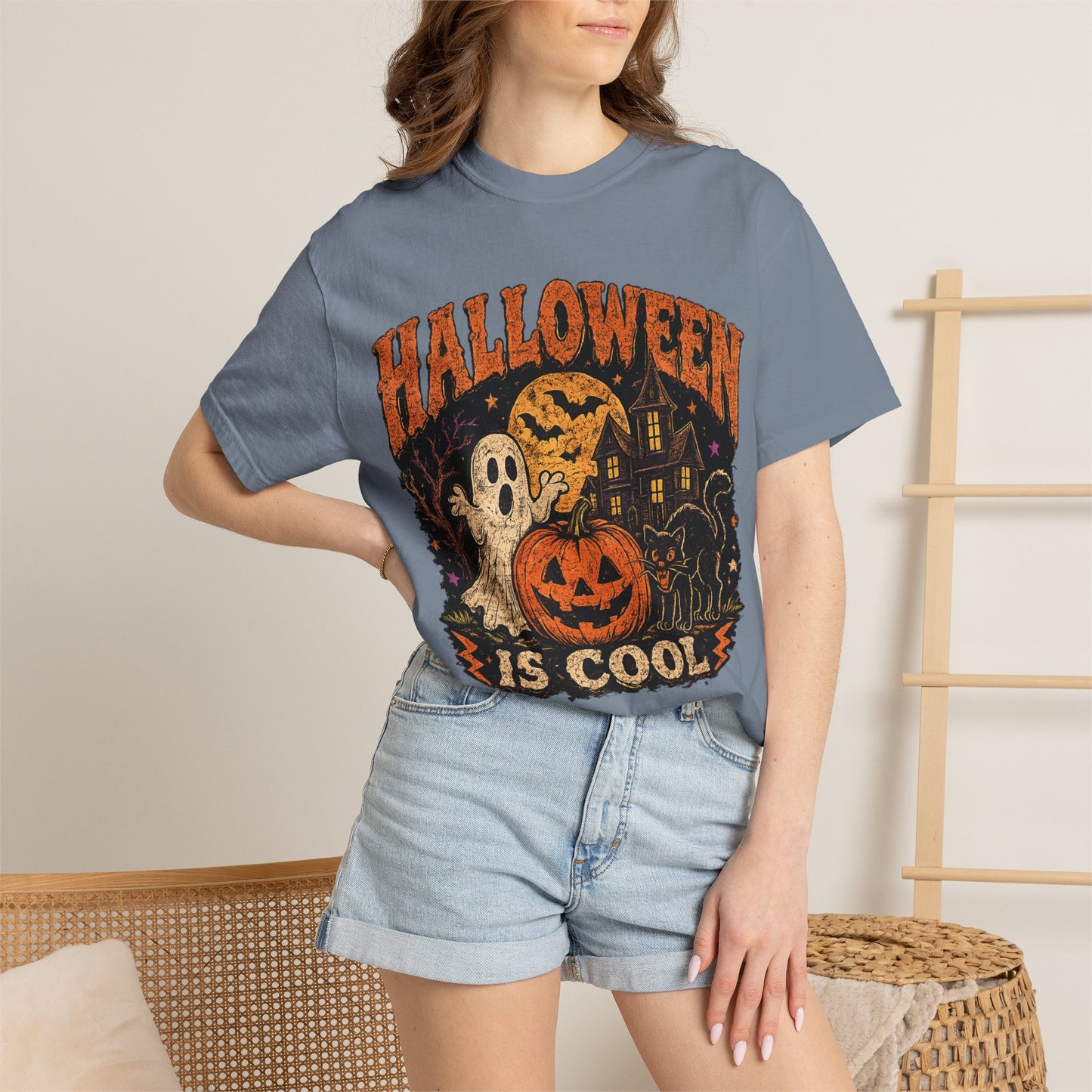 Halloween Is Cool T-Shirt — Vintage Pumpkin, Ghost & Black Cat Halloween Tee