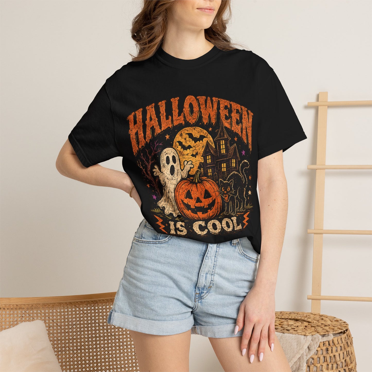 Halloween Is Cool T-Shirt — Vintage Pumpkin, Ghost & Black Cat Halloween Tee