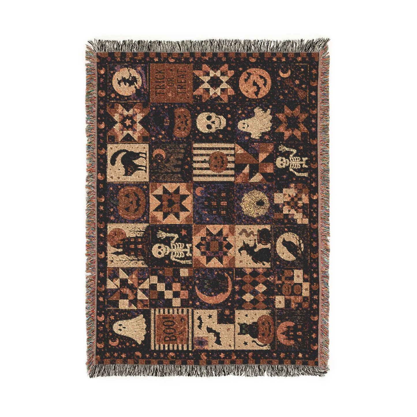 Halloween Patchwork Woven Blanket — Spooky Quilt Motif Throw