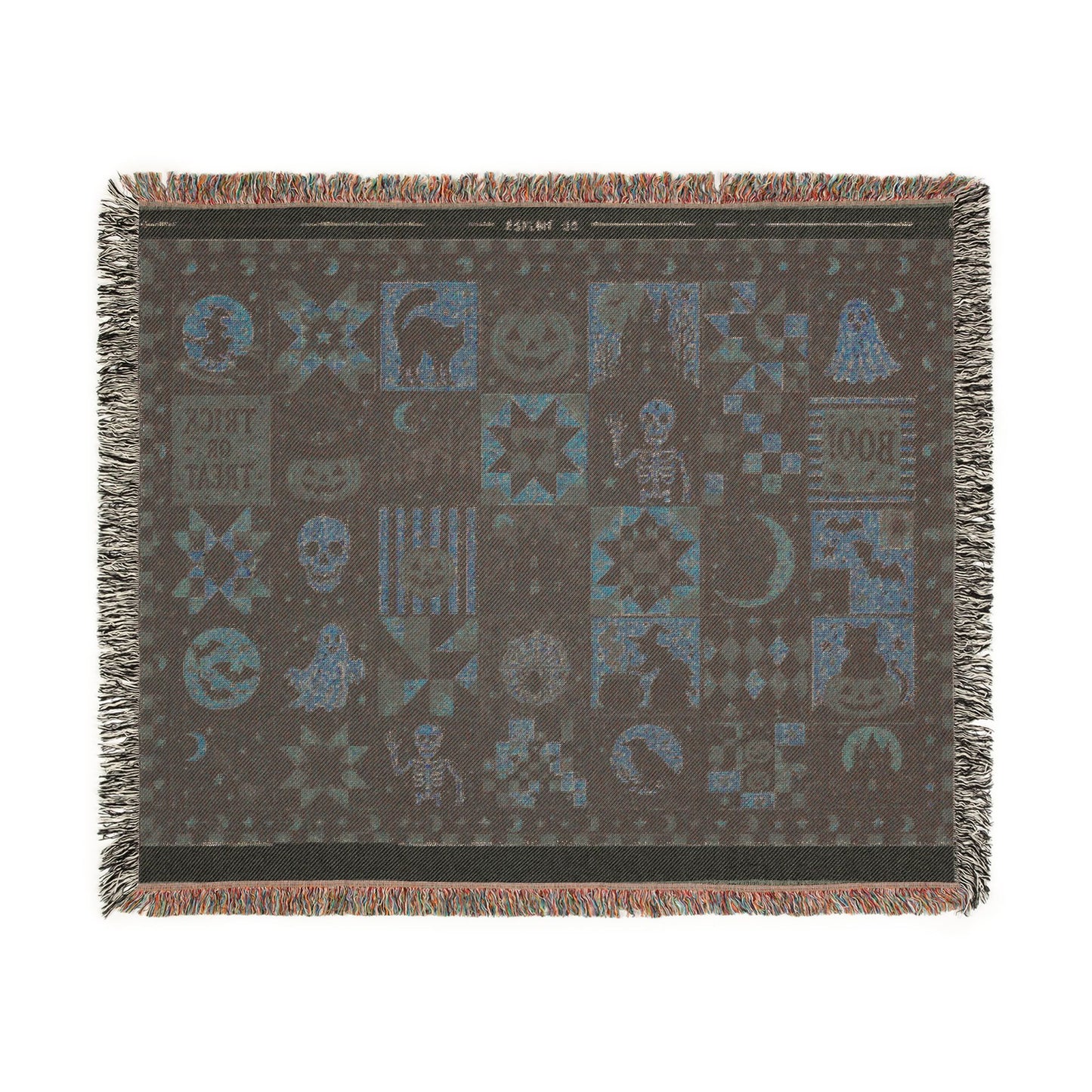 Halloween Patchwork Woven Blanket — Spooky Quilt Motif Throw