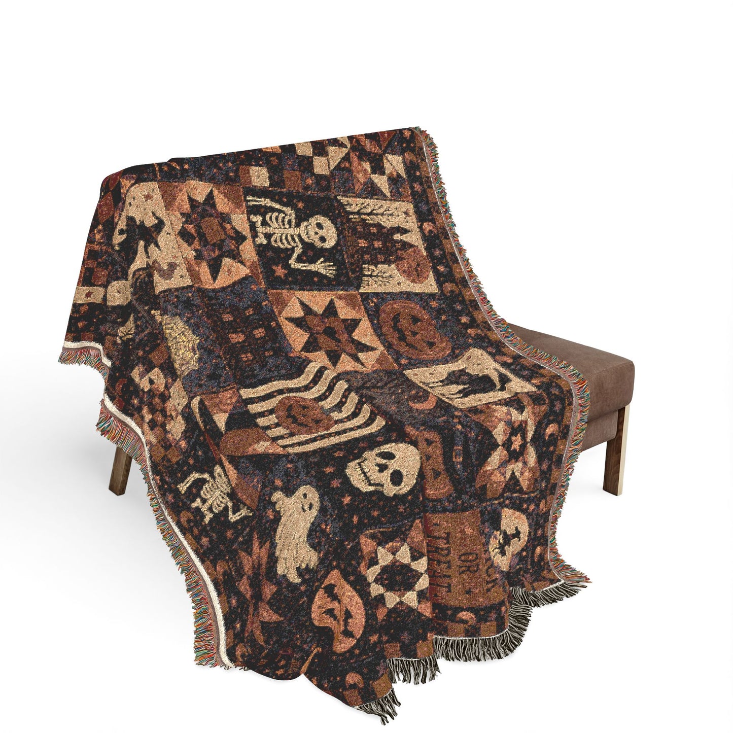 Halloween Patchwork Woven Blanket — Spooky Quilt Motif Throw