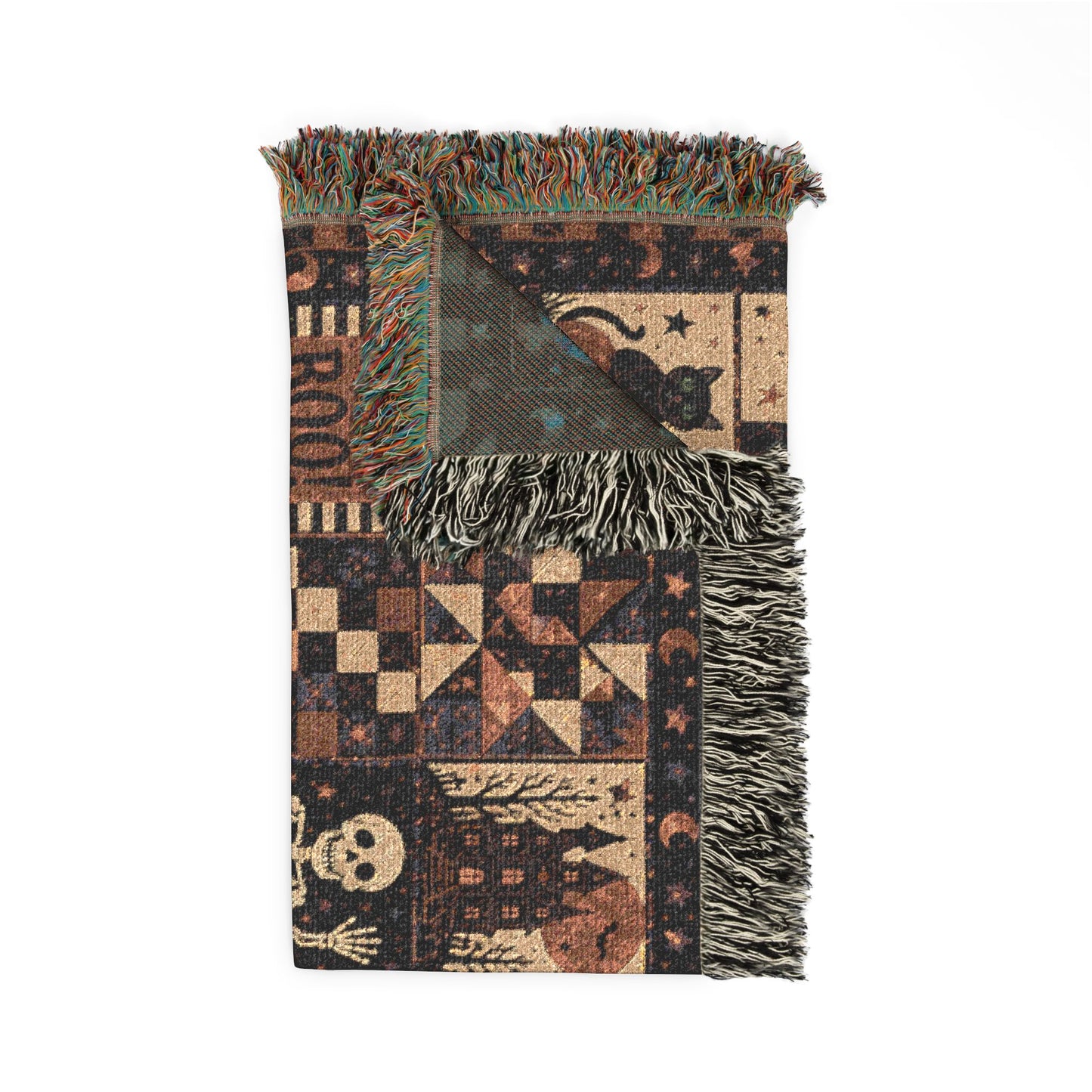 Halloween Patchwork Woven Blanket — Spooky Quilt Motif Throw