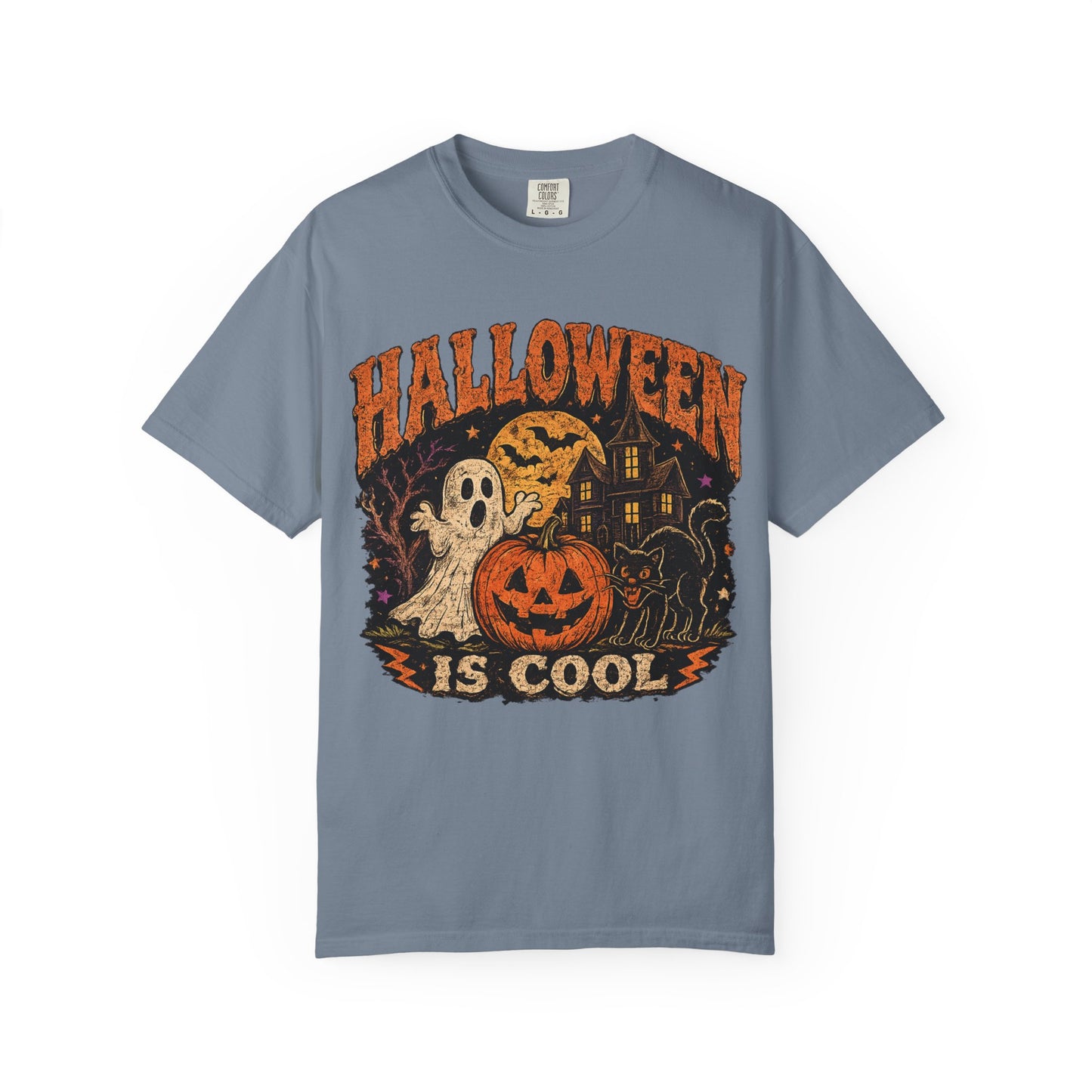 Halloween Is Cool T-Shirt — Vintage Pumpkin, Ghost & Black Cat Halloween Tee
