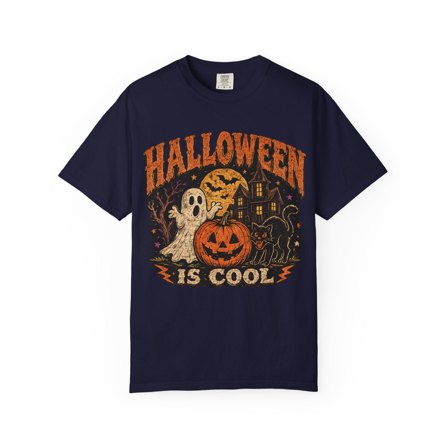 Halloween Is Cool T-Shirt — Vintage Pumpkin, Ghost & Black Cat Halloween Tee