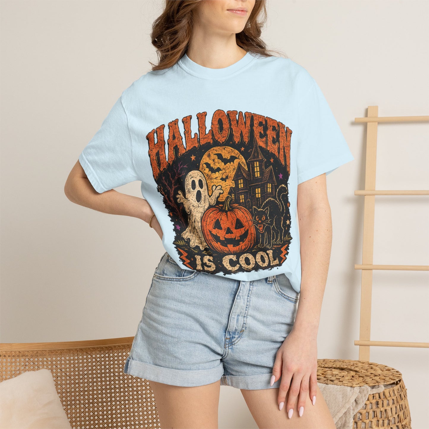 Halloween Is Cool T-Shirt — Vintage Pumpkin, Ghost & Black Cat Halloween Tee