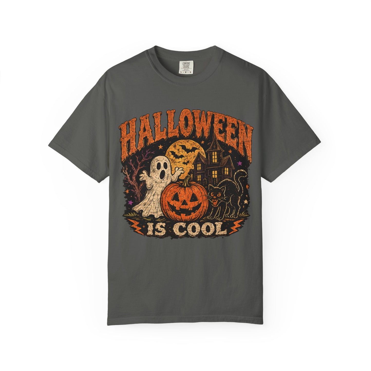 Halloween Is Cool T-Shirt — Vintage Pumpkin, Ghost & Black Cat Halloween Tee