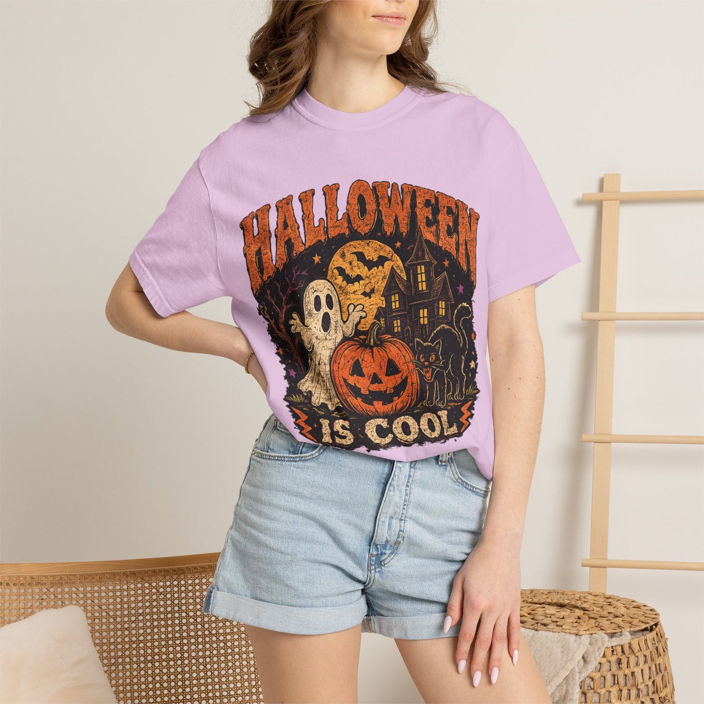 Halloween Is Cool T-Shirt — Vintage Pumpkin, Ghost & Black Cat Halloween Tee