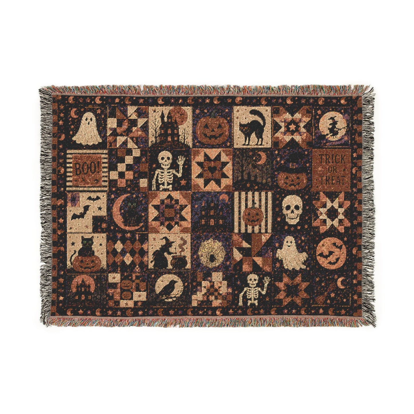 Halloween Patchwork Woven Blanket — Spooky Quilt Motif Throw