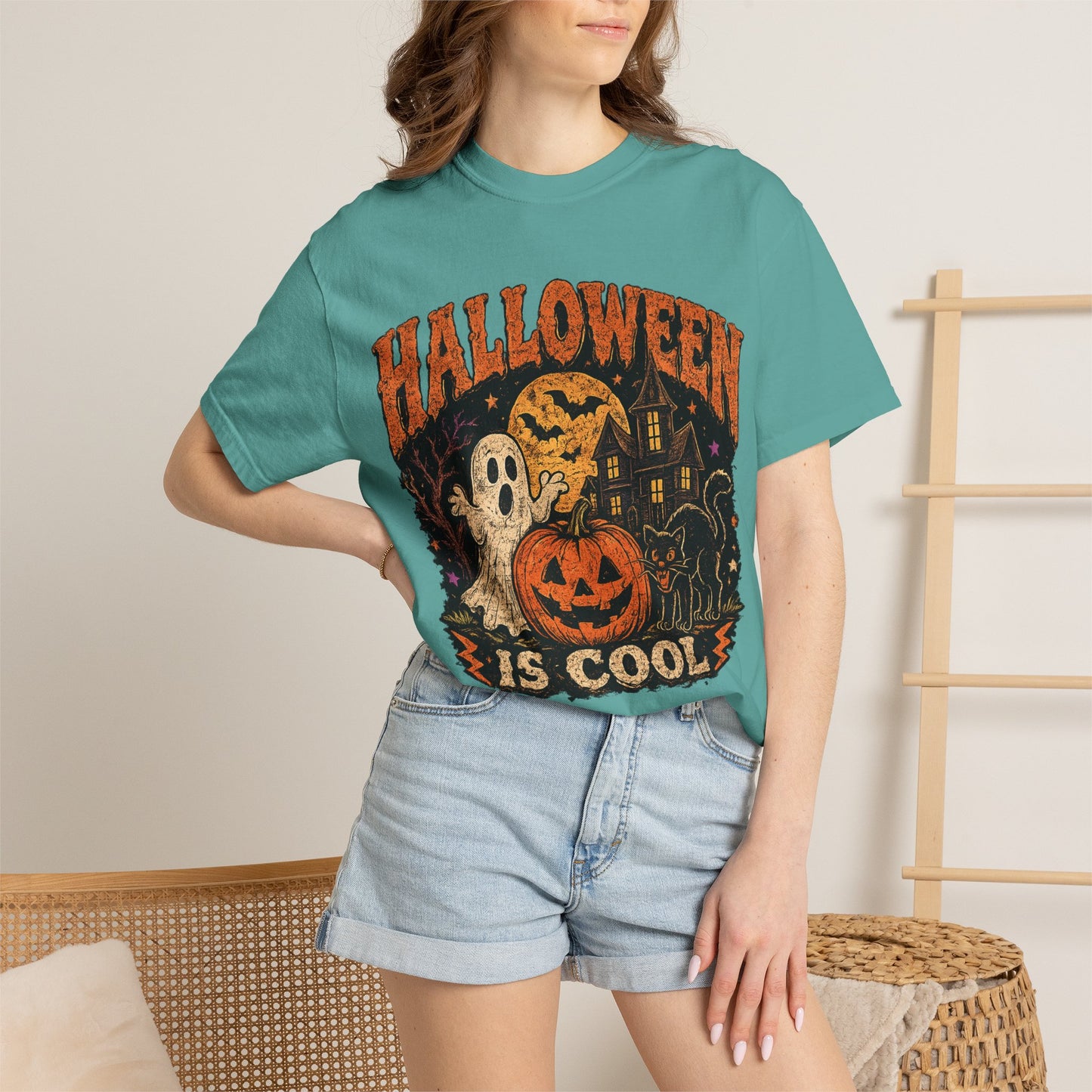 Halloween Is Cool T-Shirt — Vintage Pumpkin, Ghost & Black Cat Halloween Tee