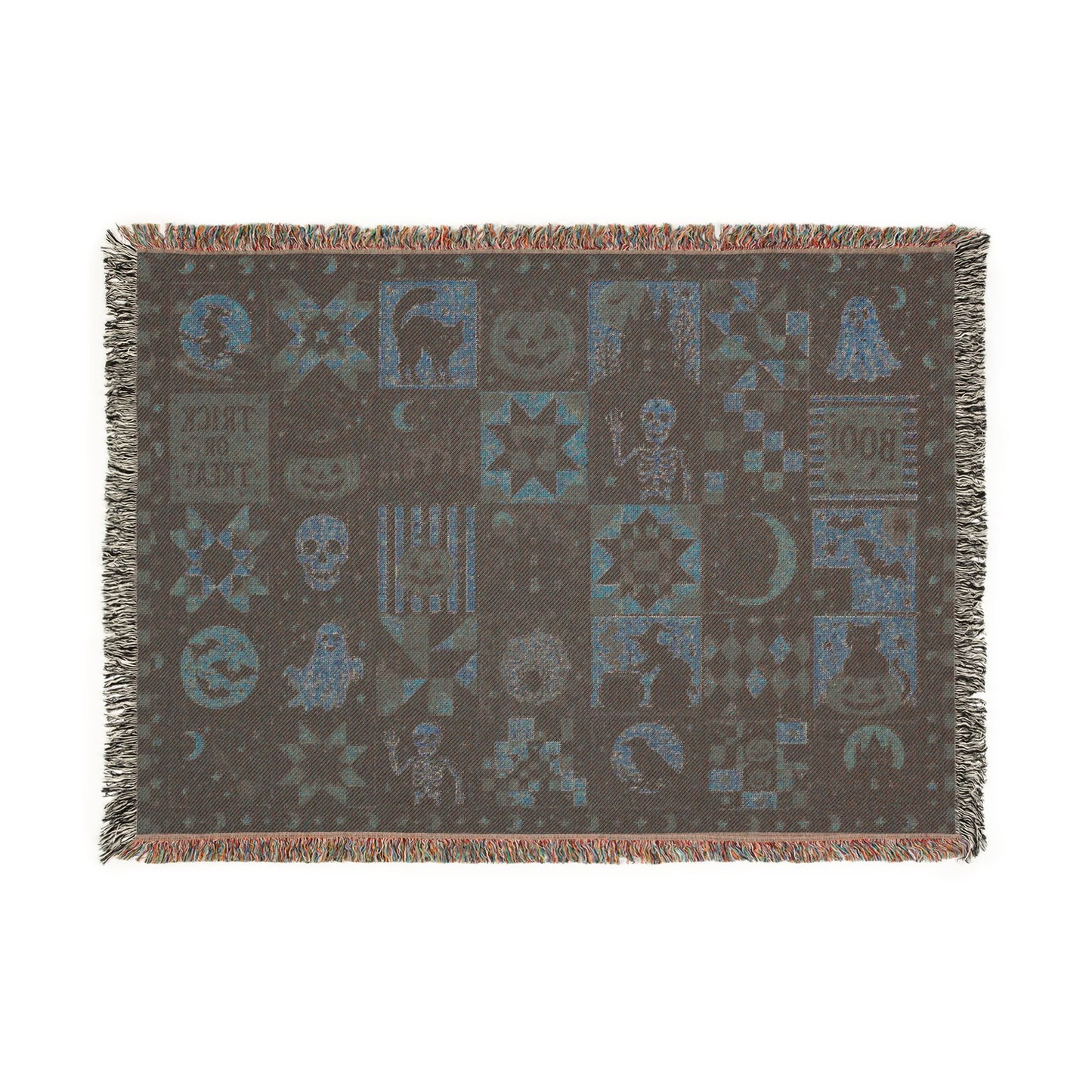 Halloween Patchwork Woven Blanket — Spooky Quilt Motif Throw