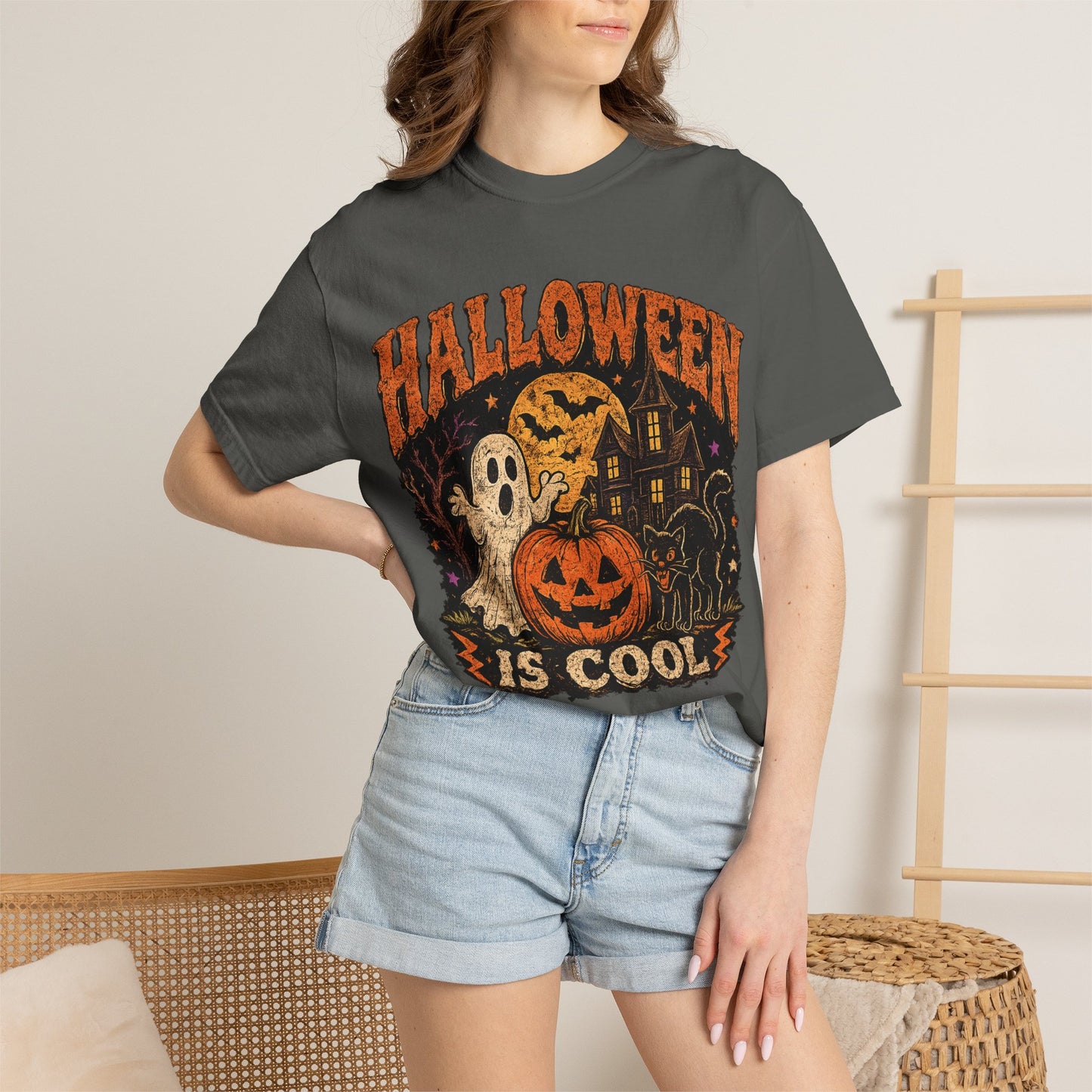 Halloween Is Cool T-Shirt — Vintage Pumpkin, Ghost & Black Cat Halloween Tee