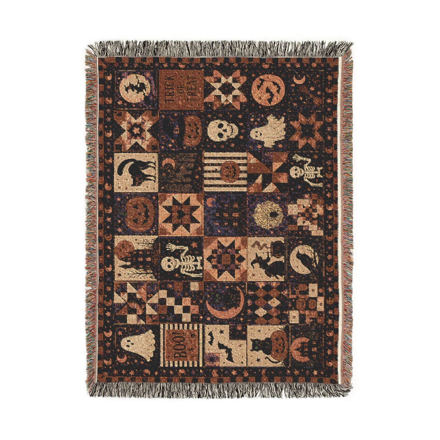 Halloween Patchwork Woven Blanket — Spooky Quilt Motif Throw