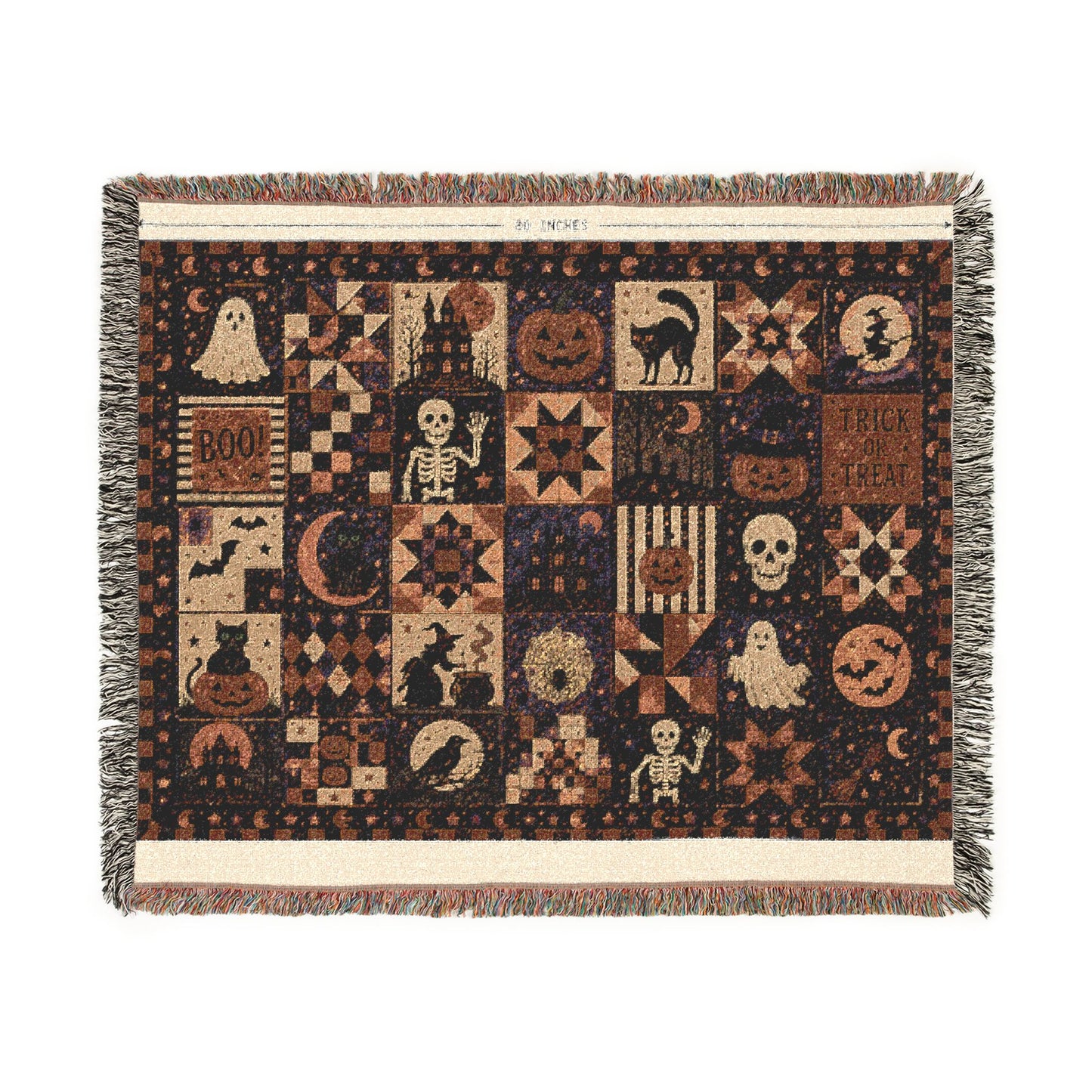 Halloween Patchwork Woven Blanket — Spooky Quilt Motif Throw