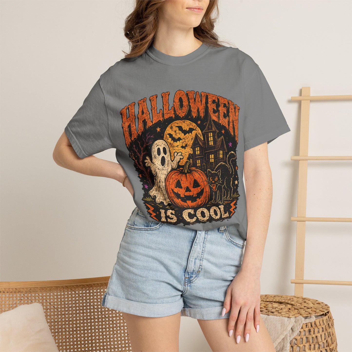 Halloween Is Cool T-Shirt — Vintage Pumpkin, Ghost & Black Cat Halloween Tee