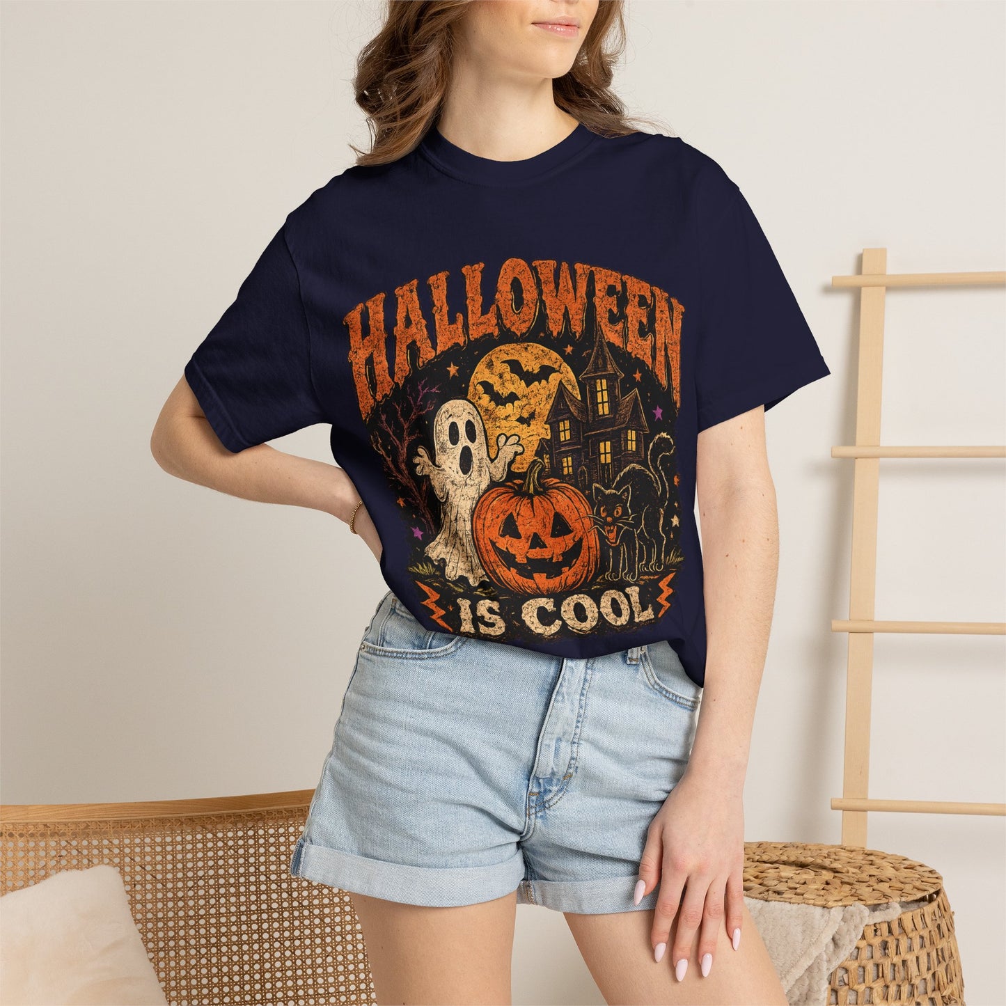 Halloween Is Cool T-Shirt — Vintage Pumpkin, Ghost & Black Cat Halloween Tee
