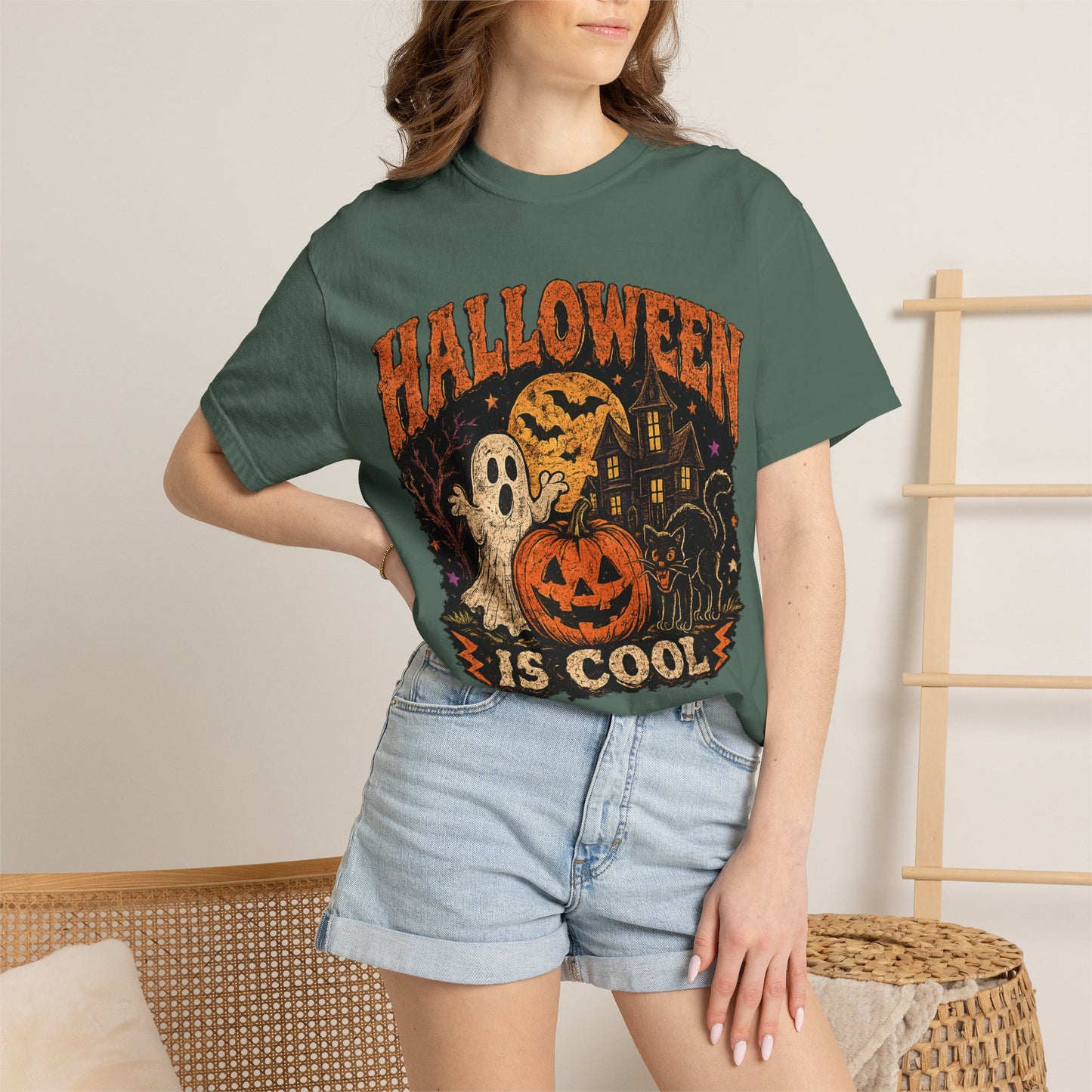 Halloween Is Cool T-Shirt — Vintage Pumpkin, Ghost & Black Cat Halloween Tee
