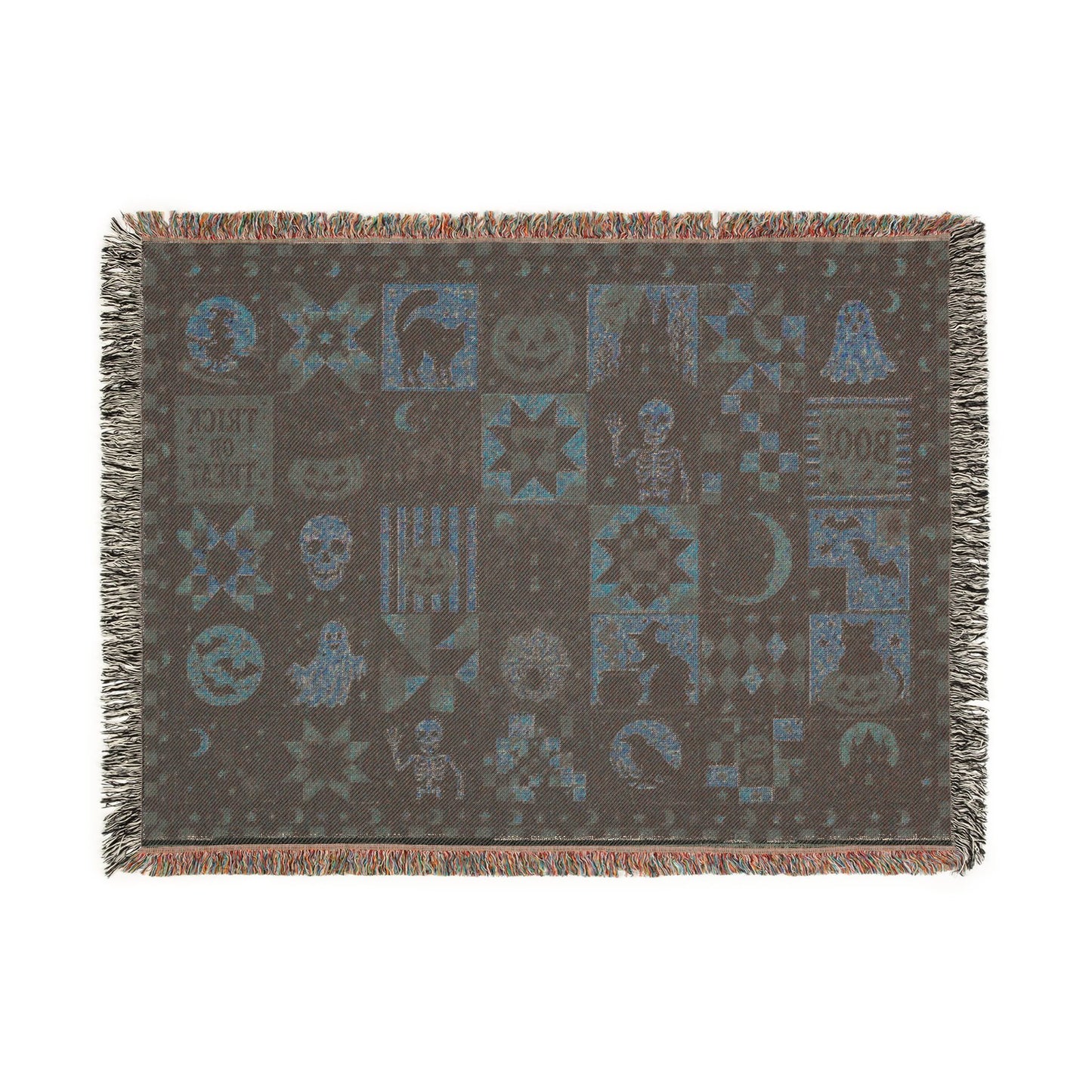 Halloween Patchwork Woven Blanket — Spooky Quilt Motif Throw
