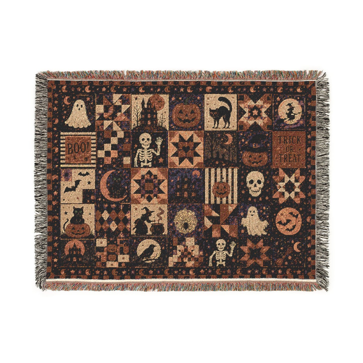 Halloween Patchwork Woven Blanket — Spooky Quilt Motif Throw