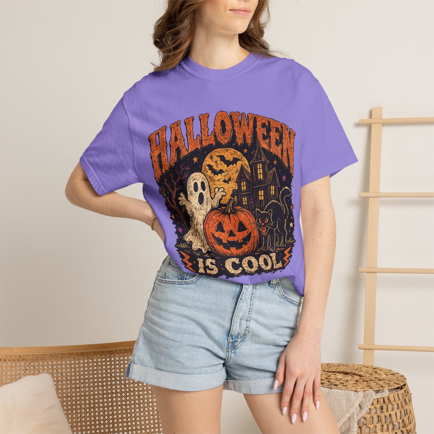 Halloween Is Cool T-Shirt — Vintage Pumpkin, Ghost & Black Cat Halloween Tee