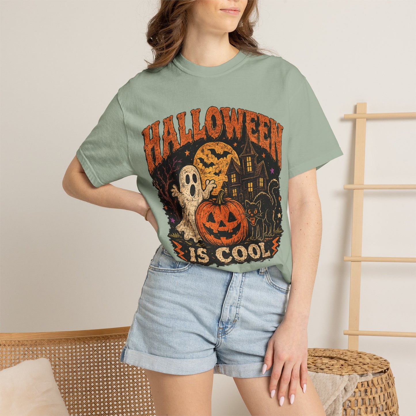 Halloween Is Cool T-Shirt — Vintage Pumpkin, Ghost & Black Cat Halloween Tee