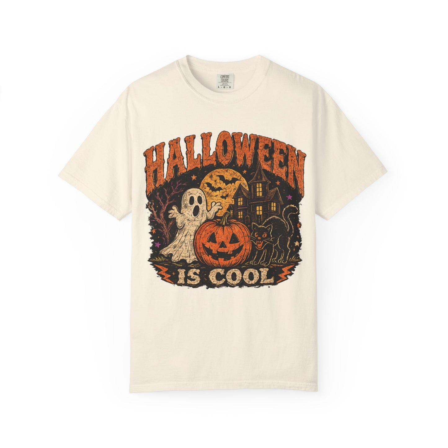 Halloween Is Cool T-Shirt — Vintage Pumpkin, Ghost & Black Cat Halloween Tee