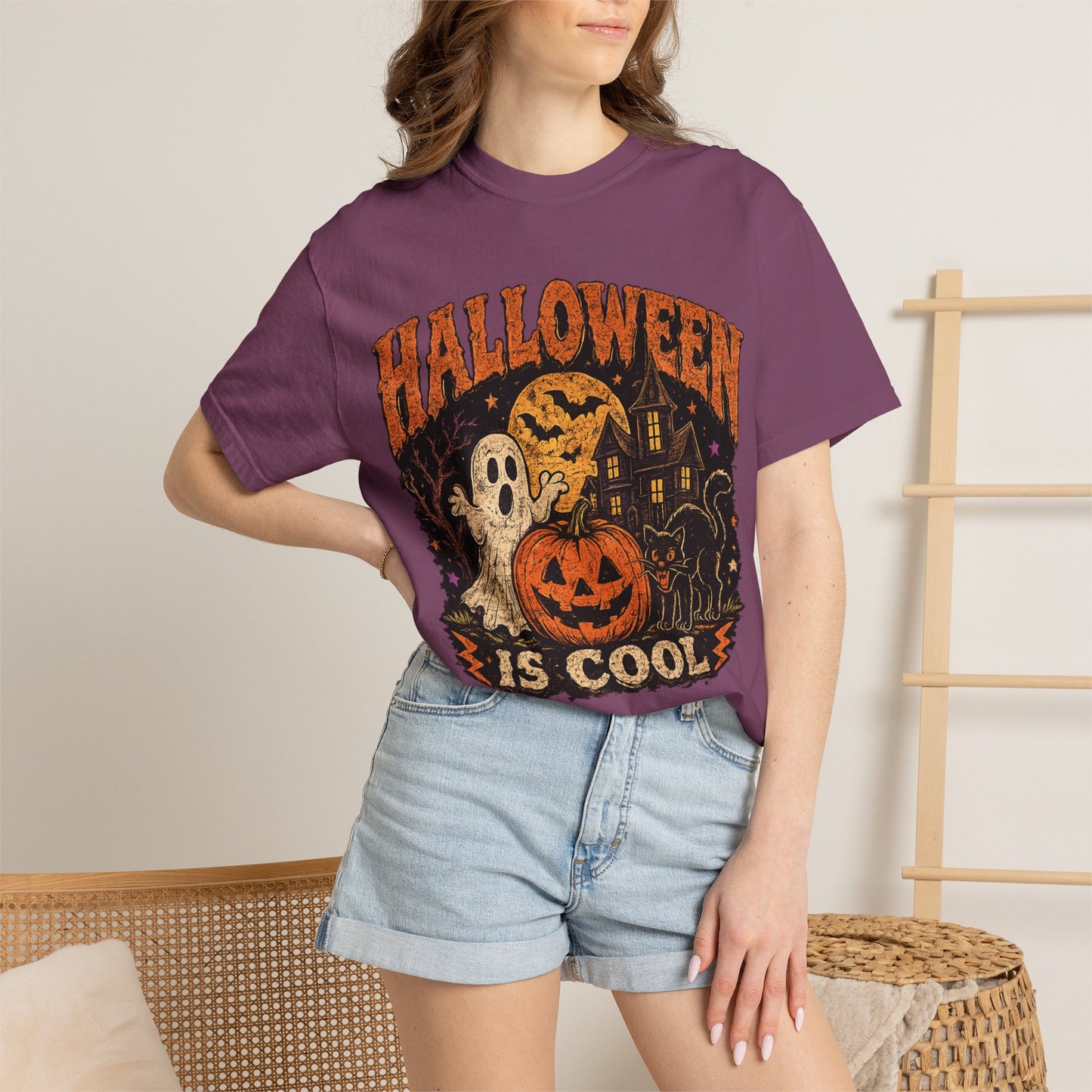 Halloween Is Cool T-Shirt — Vintage Pumpkin, Ghost & Black Cat Halloween Tee