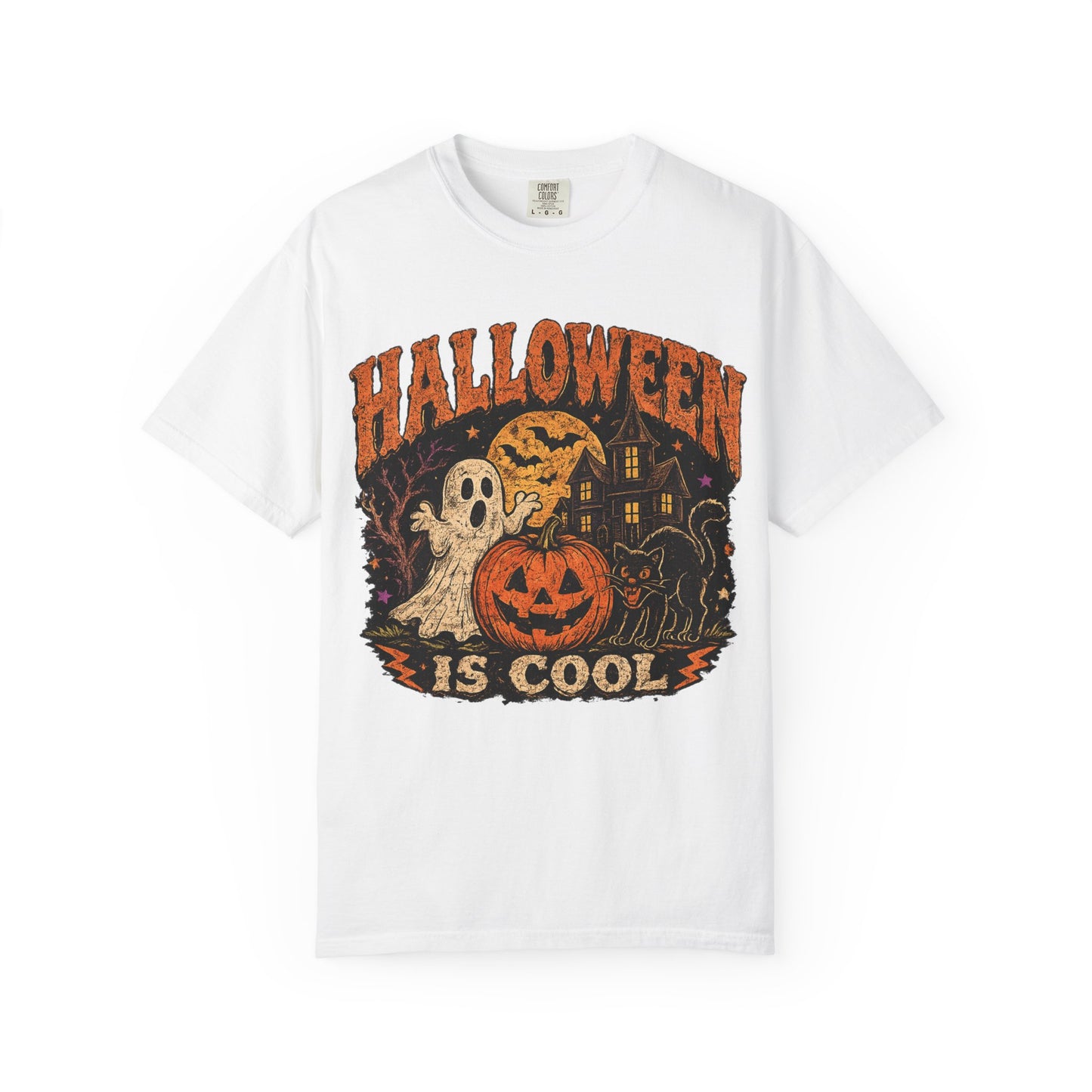 Halloween Is Cool T-Shirt — Vintage Pumpkin, Ghost & Black Cat Halloween Tee