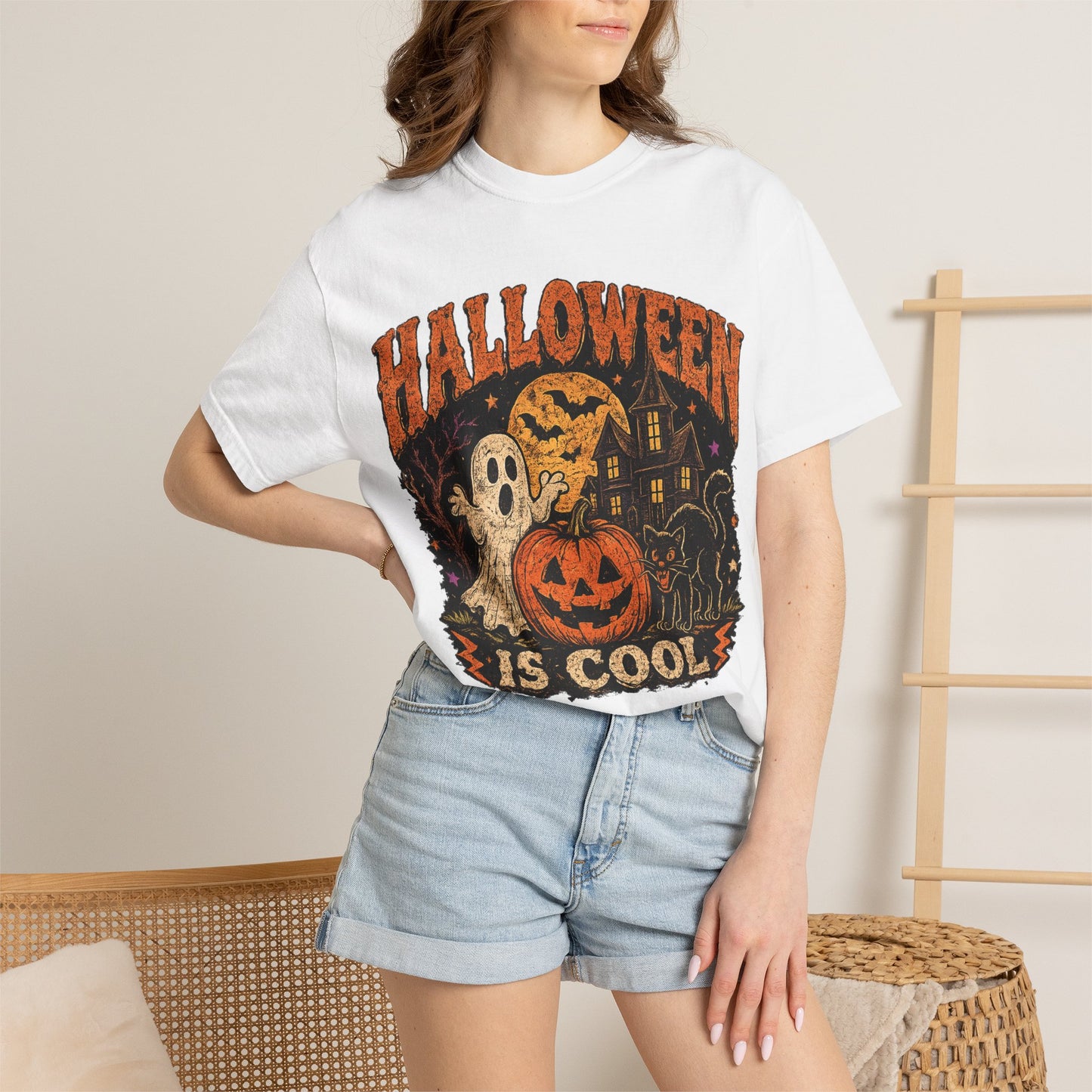 Halloween Is Cool T-Shirt — Vintage Pumpkin, Ghost & Black Cat Halloween Tee