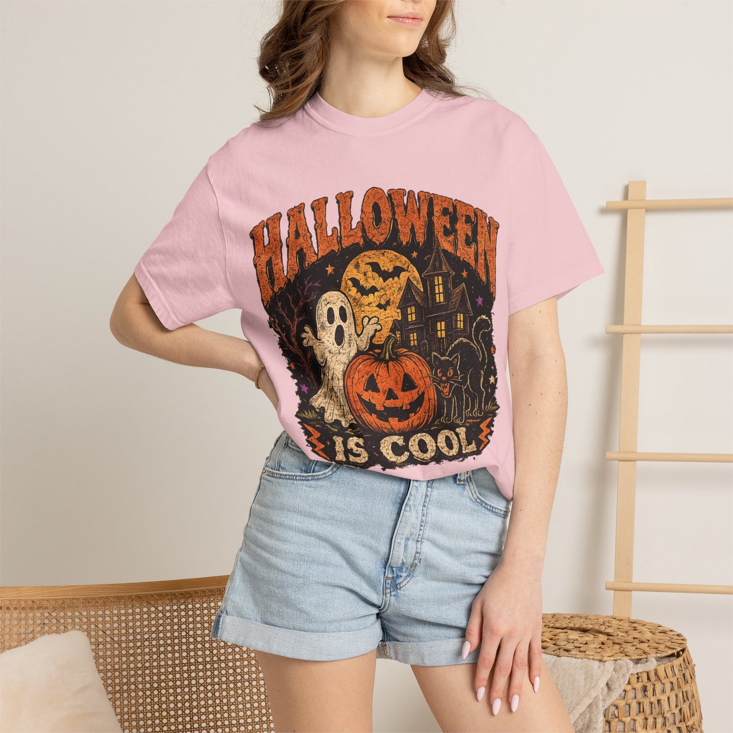 Halloween Is Cool T-Shirt — Vintage Pumpkin, Ghost & Black Cat Halloween Tee