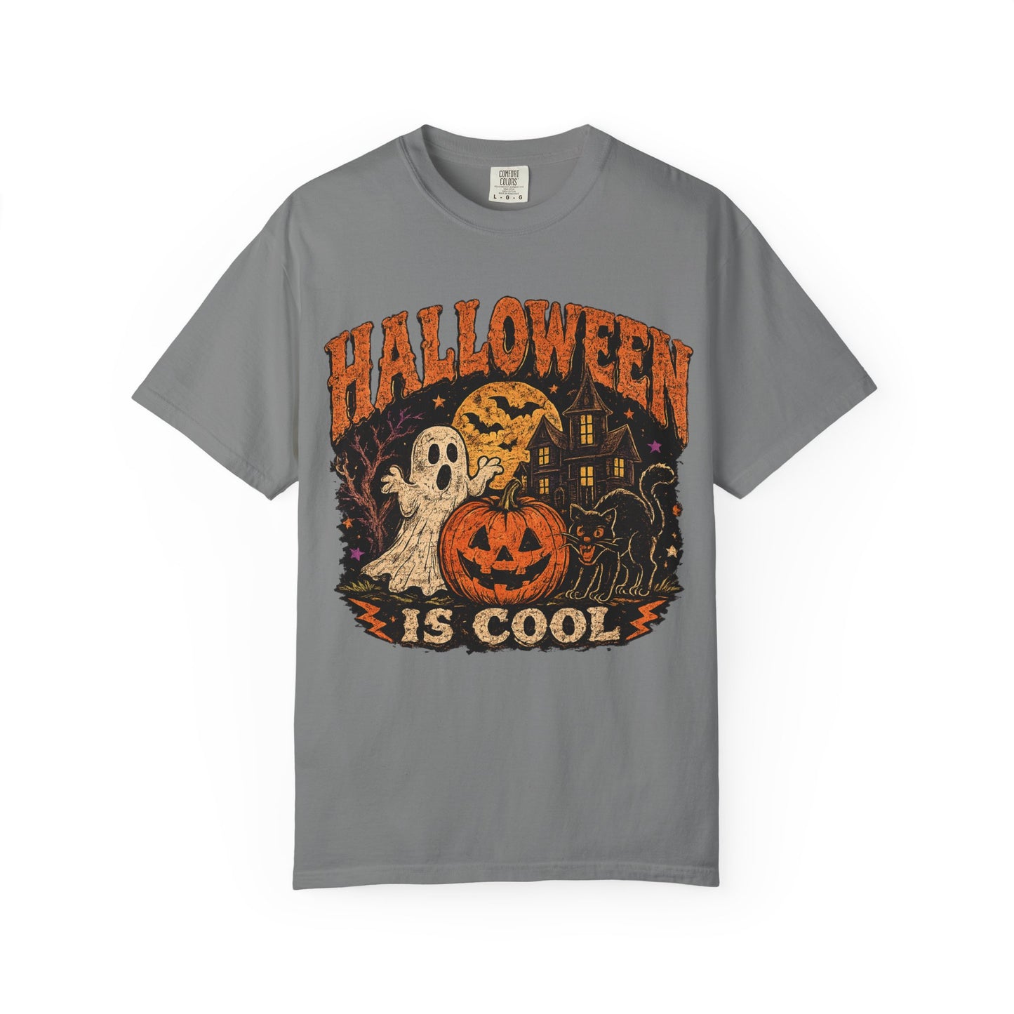 Halloween Is Cool T-Shirt — Vintage Pumpkin, Ghost & Black Cat Halloween Tee